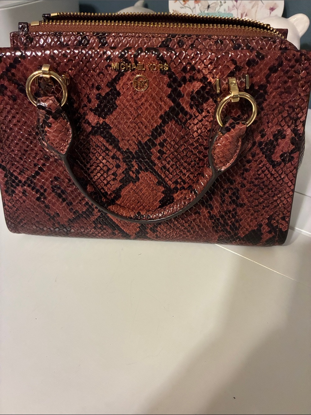 Michael Kors Brown Red Snake-Embossed Satchel with Gold Hardware